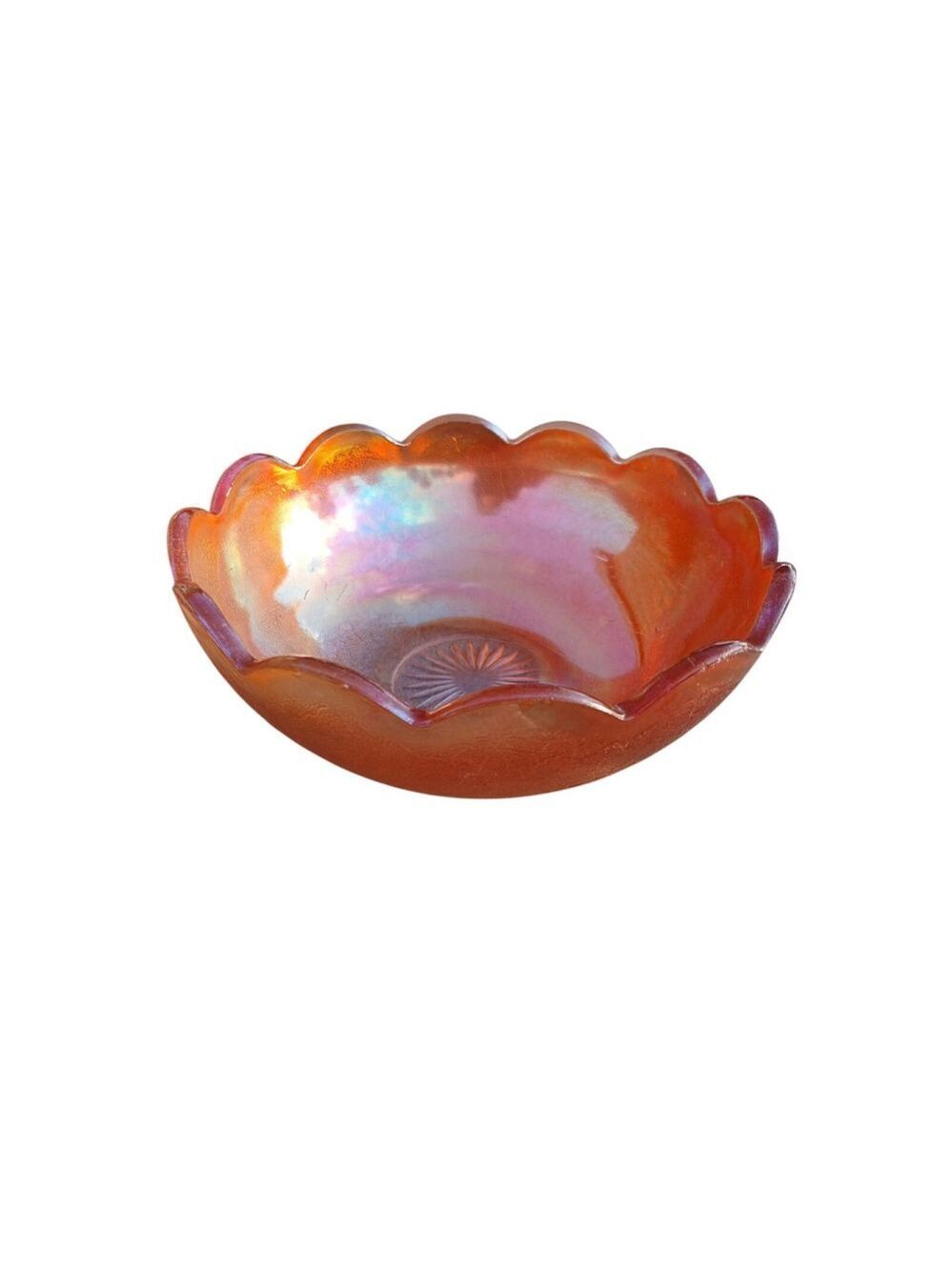 Vintage Jeannette Glass Carnival Crackle Glass Bowl Marigold Scalloped Edge 7"